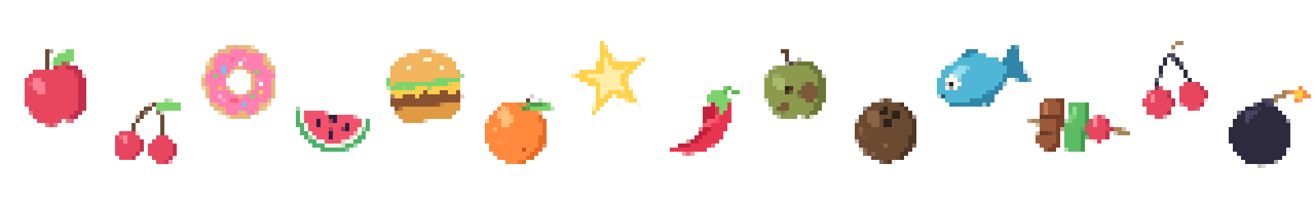 The whole menu: apple, cherries, donut, melon, burger, orange, star, chili, rotten apple, coconut, fish, kebab, fuse cherry and bomb