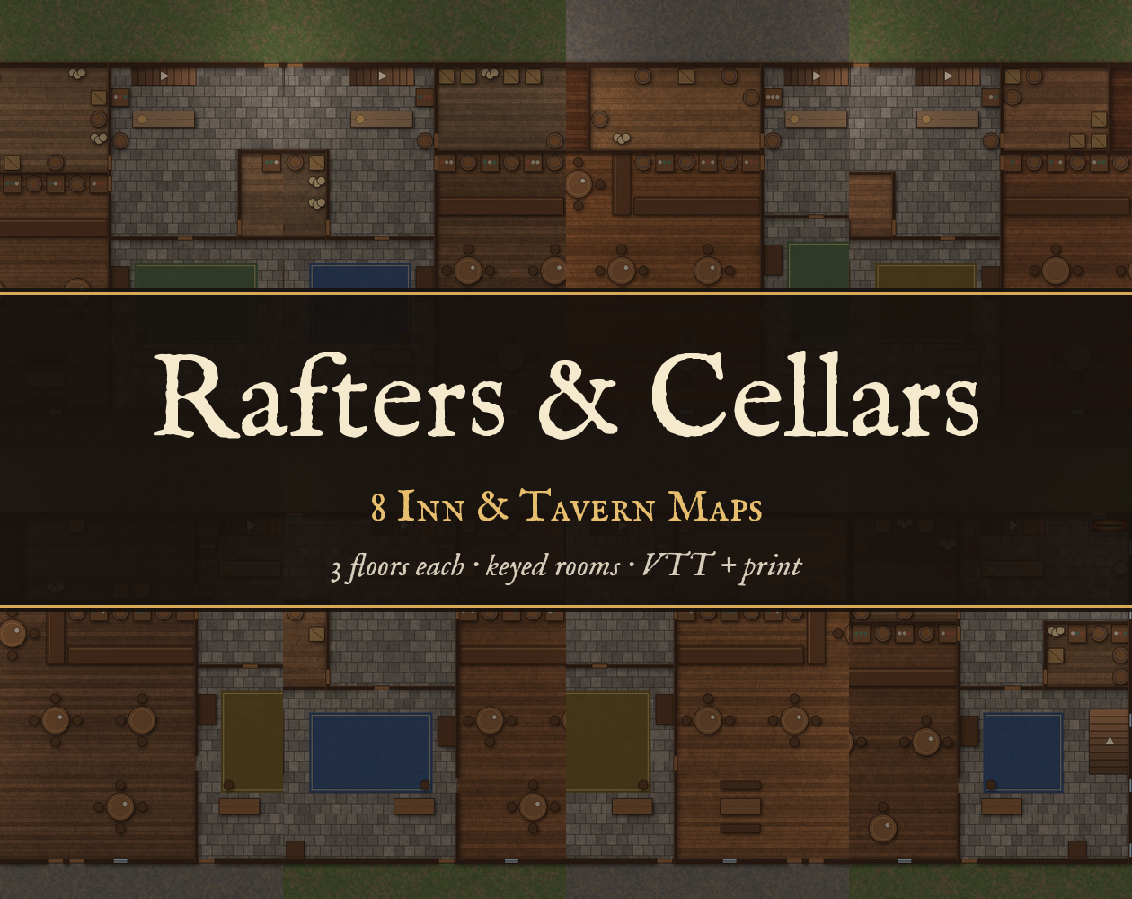 Cover image for Rafters & Cellars: 8 Inn & Tavern Maps (Keyed, VTT + Print)