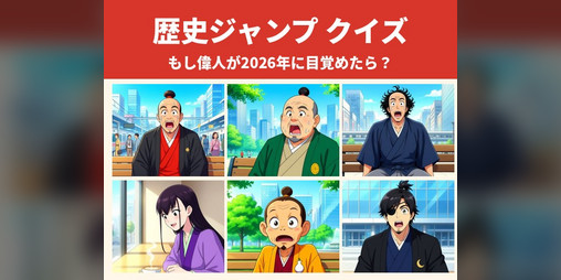 Cover image for 歴史ジャンプ クイズ - もし偉人が2026年に目覚めたら?(Japanese History Quiz)