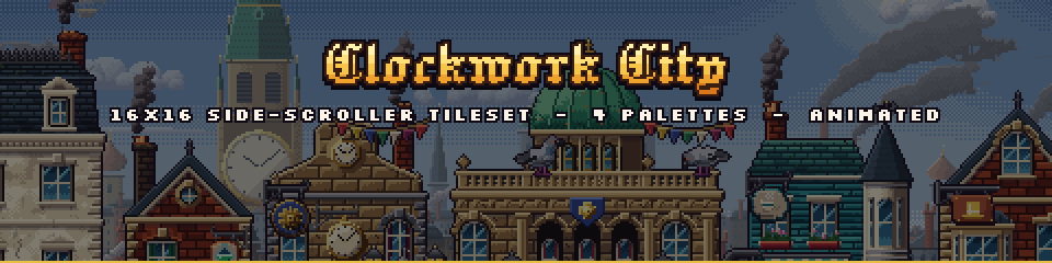 Clockwork City – Steampunk Side-Scroller Pixel Art Tileset & Asset Pack (16x16)