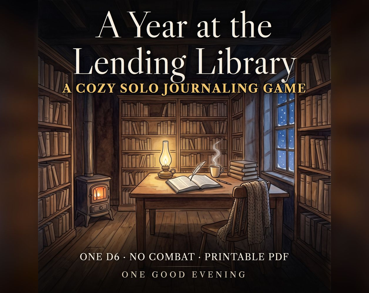 Cover image for A Year at the Lending Library — a solo journaling RPG, one d6, no combat