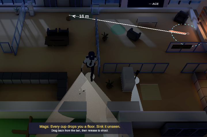 A gameplay shot showing Pip, a guard's view cone, cover, and the golf cup