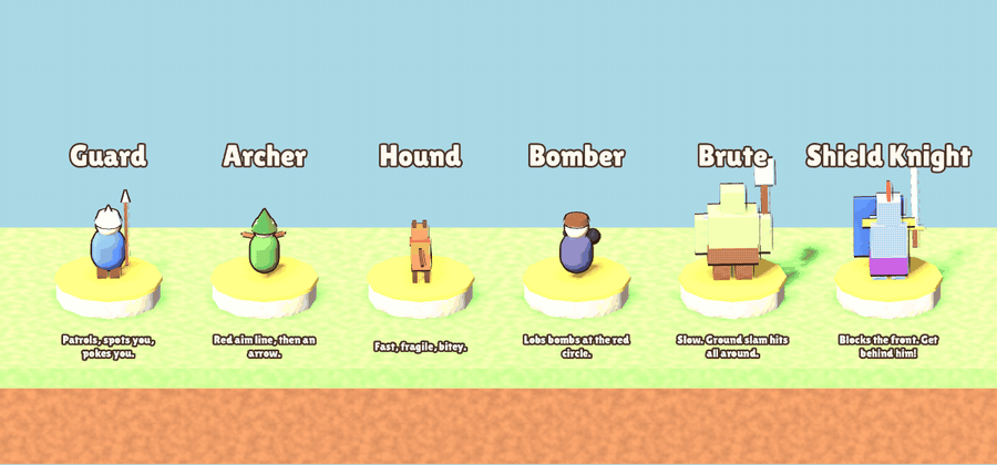 The Castle Raider bestiary: six enemies spinning on pedestals