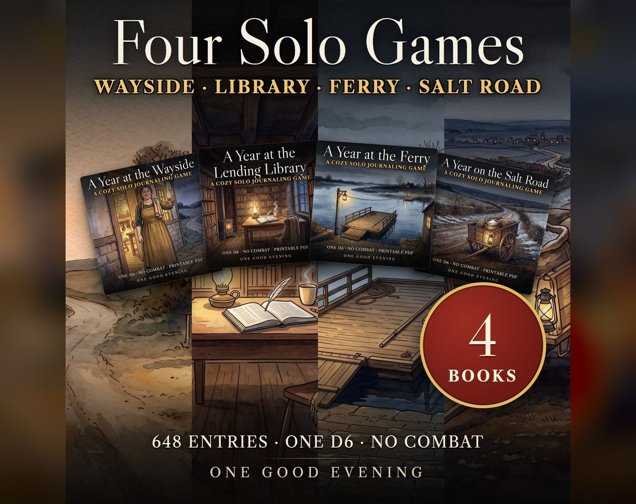 Cover image for Cozy Inn, Library, River Ferry, Salt Cart — 4 Solo Journaling RPGs Bundle (writing prompts, printable PDF, no combat)