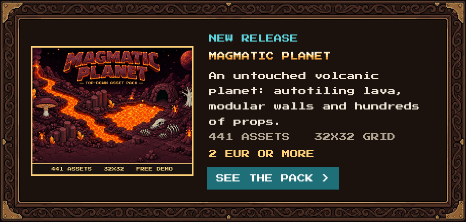 New release: Magmatic Planet, a top-down volcanic pixel art asset pack