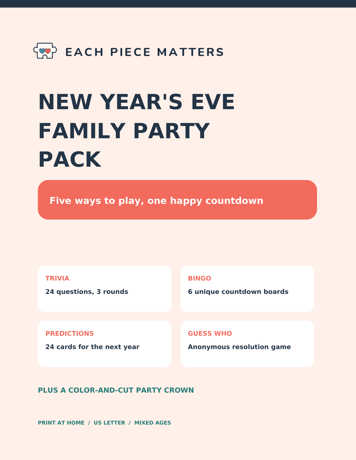 Cover image for New Year's Eve Family Party Games | Trivia, Countdown Bingo, Predictions | US Letter PDF