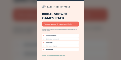 Cover image for Bridal Shower Games Pack | 5 Inclusive Printable Party Games | US Letter PDF