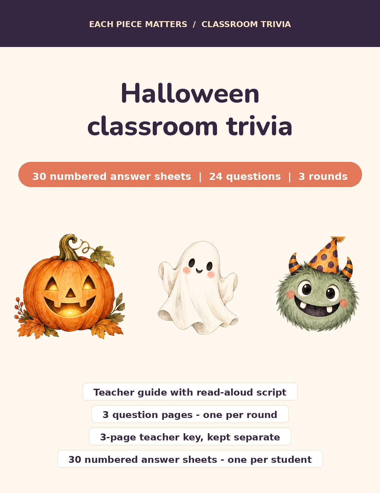 Cover image for Halloween Classroom Trivia | 24 Questions + 30 Numbered Answer Sheets + Teacher Key