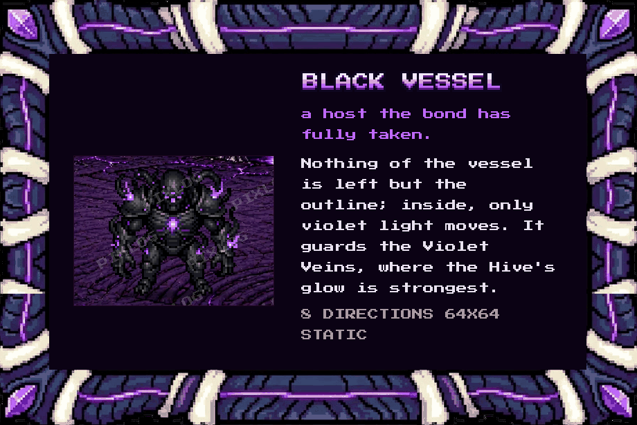 Black Vessel, a host the bond has fully taken; only violet light moves inside. 8 directions, 64x64, static.