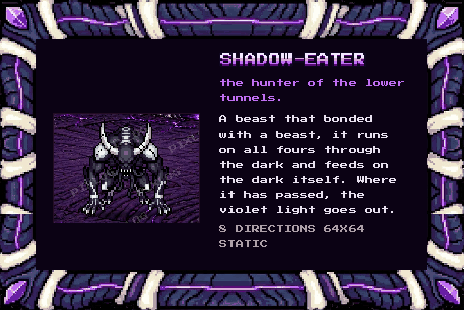 Shadow-Eater, the four-legged hunter of the lower tunnels. 8 directions, 64x64, static.