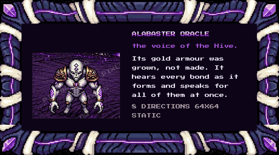 Alabaster Oracle, the gold-armoured voice of the Hive. 8 directions, 64x64, static.