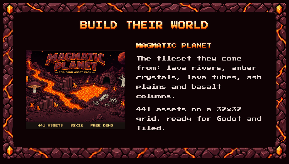 Build their world with Magmatic Planet: the tileset they come from, 441 assets on a 32x32 grid, ready for Godot and Tiled.