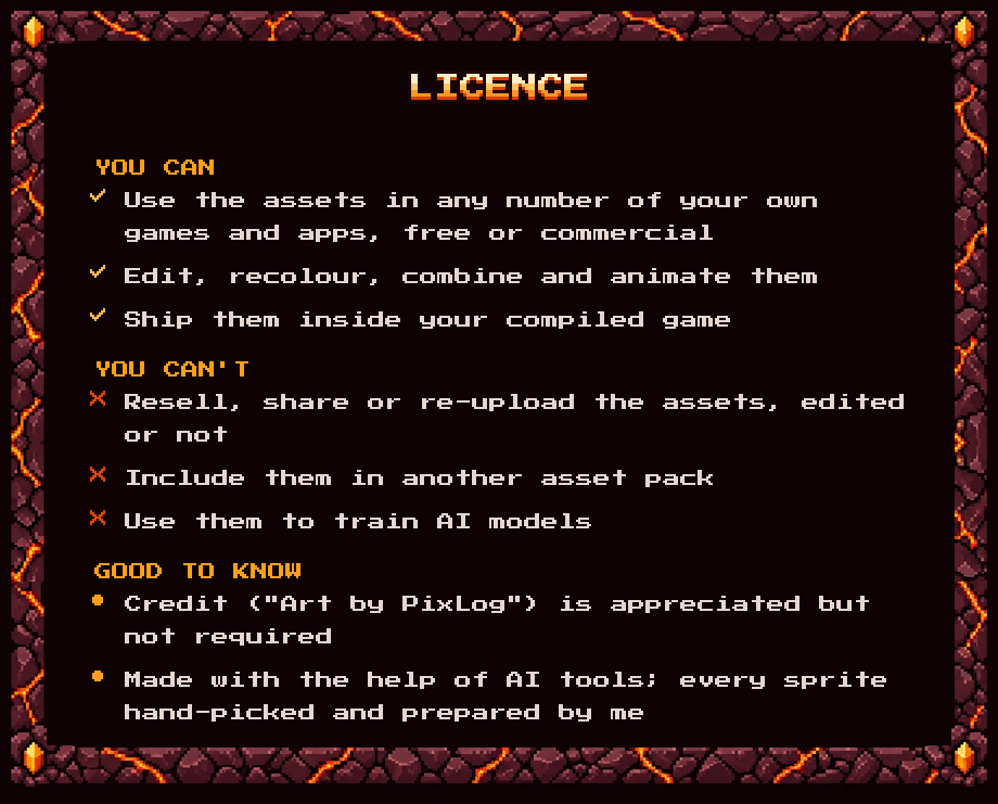 Licence: use them in any number of your own games, free or commercial; edit and animate them; do not resell or share them or use them to train AI. Credit appreciated, not required. Made with the help of AI tools.