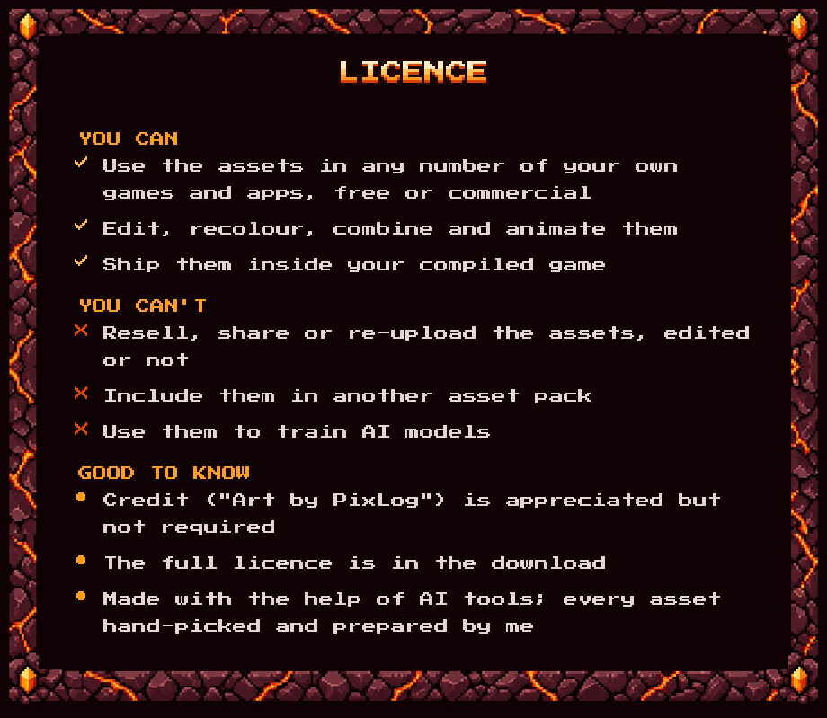 Licence: use in any number of your own games, free or commercial; do not resell, share or use to train AI. Credit appreciated, not required. Made with the help of AI tools.