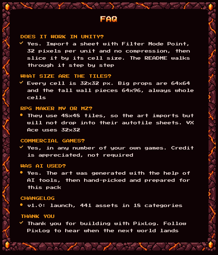 FAQ: works in Unity, Godot, Tiled, GameMaker; 32x32 cells; RPG Maker MV/MZ use 48x48; commercial use allowed; AI tools used. Changelog v1.0: 441 assets in 18 categories.