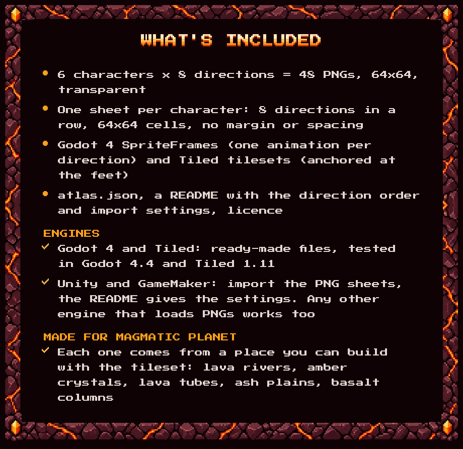 What's included: 6 characters x 8 directions = 48 PNGs 64x64, one sheet per character, atlas.json, README, licence. Compatible with any engine that loads PNG sprites. Made for Magmatic Planet.