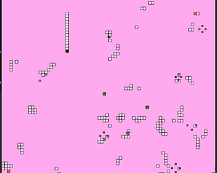 pink background with small 'game of life' style block grid structures on top