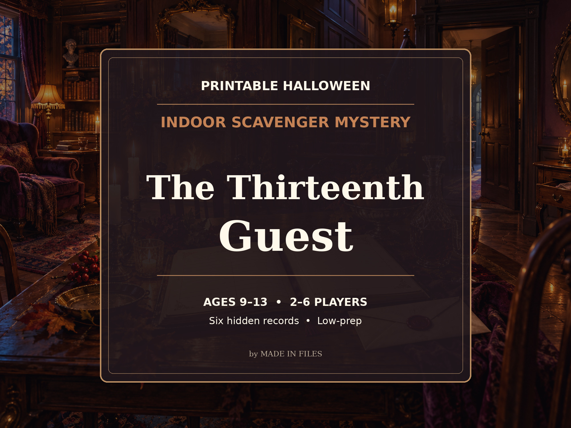Cover image for The Thirteenth Guest — Printable Halloween Indoor Scavenger Mystery