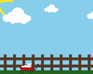 scene of a cat in a wagon before a picket fence