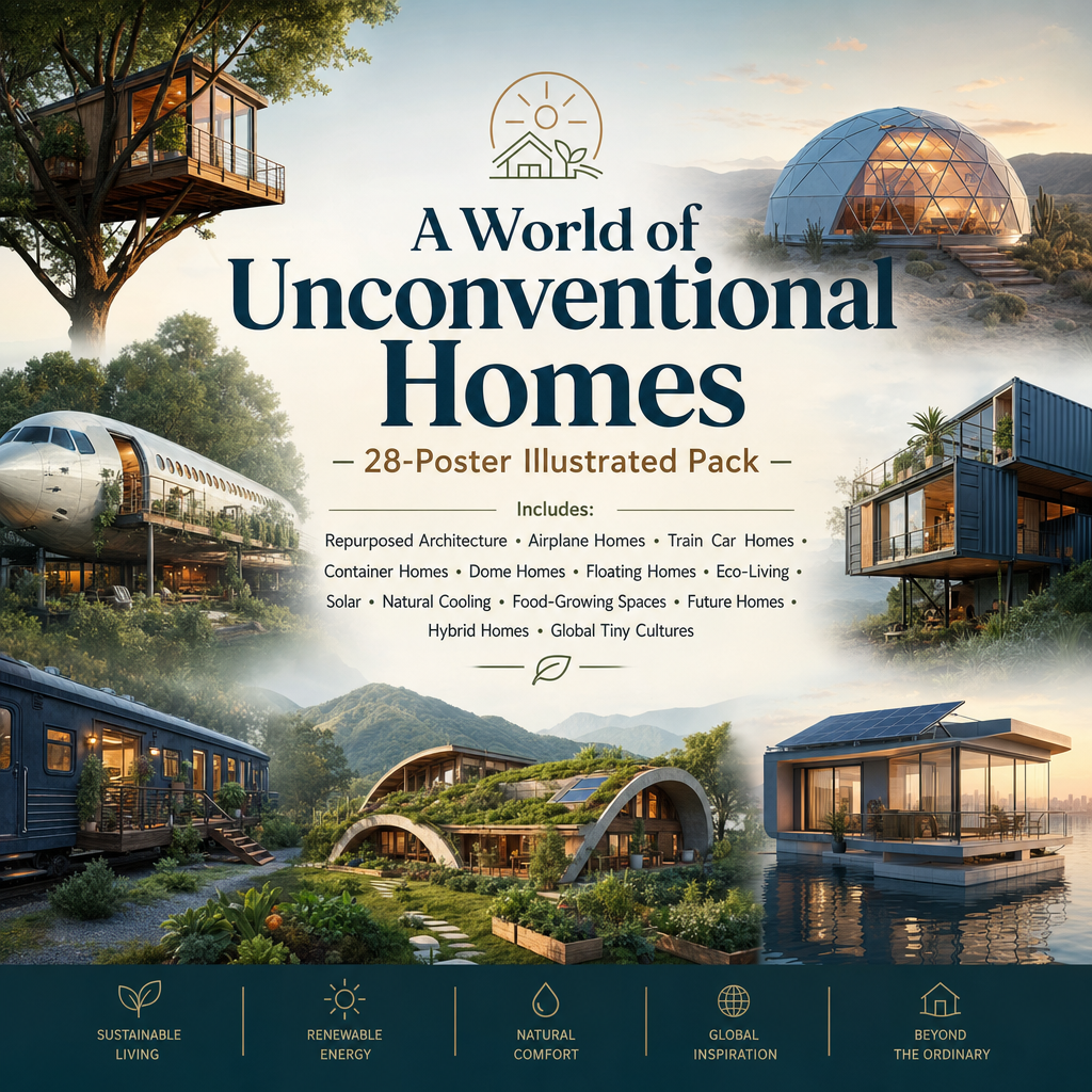 Cover image for A World of Unconventional Homes — The Complete 28‑Poster Illustrated Pack