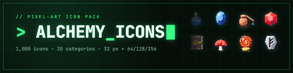 Alchemy Icons - 1,000 Pixel Art Icons, 20 Categories