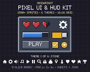 Gridwright UI Kit: 16x16 Pixel Art GUI & HUD (1,500+ sprites, 6 themes)