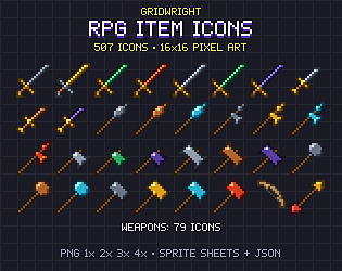 Gridwright RPG Item Icons: 16x16 Pixel Art Icon Pack (507 icons)