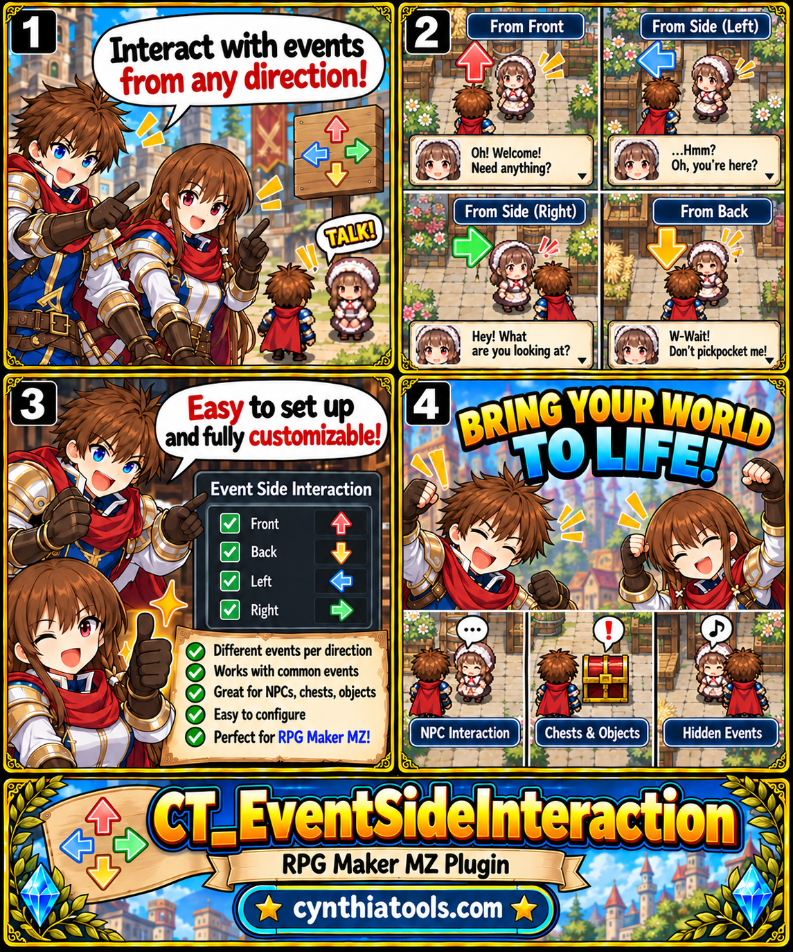 CT_EventSideInteraction RPG Maker MZ comic showing one NPC triggering different events when approached from the front, left, right, and back.