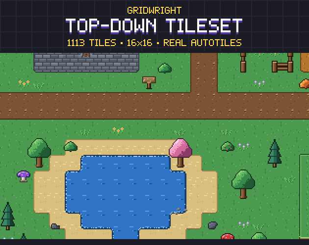 Gridwright Top-Down Tileset: 16x16 Pixel Art Autotiles (1113 tiles) — image 1