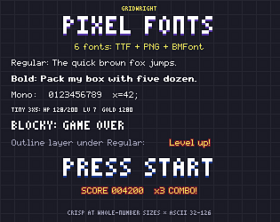 Gridwright Pixel Fonts: 6 Pixel Art Fonts (TTF + BMFont + PNG)
