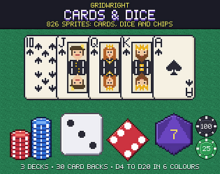 Gridwright Cards & Dice: Pixel Art Playing Cards, Dice & Chips (826 sprites)