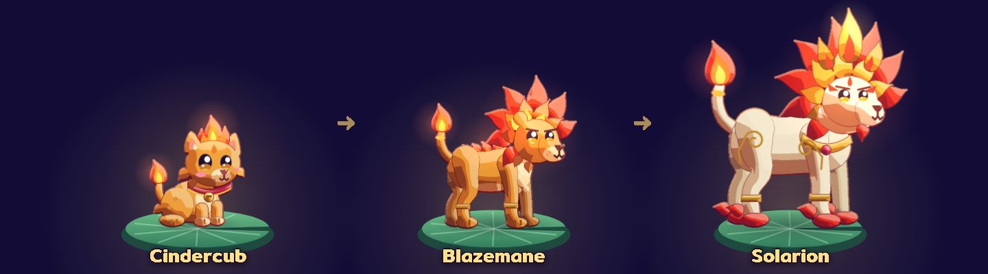 Cindercub evolves into Blazemane and Solarion