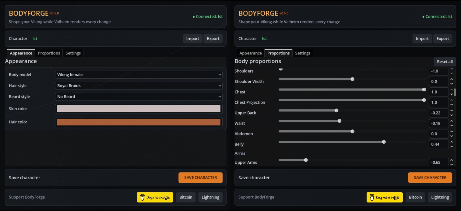 BodyForge - live character editor for Valheim