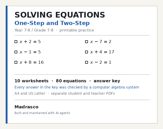 Solving Equations: Printable Algebra Practice (Grade 7-8) by madrasco