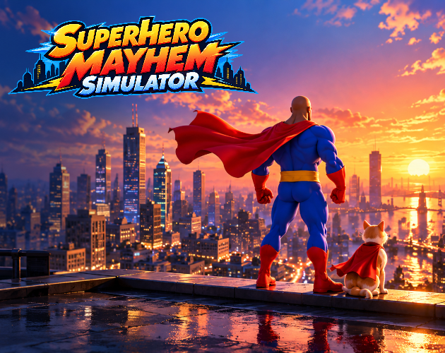 Superhero Mayhem Simulator artwork: a caped hero and cat overlooking the city