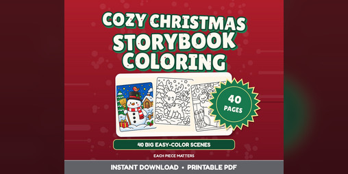 Cover image for Christmas Coloring Pages, 40 Cozy Storybook Winter Scenes, Printable PDF for Kids