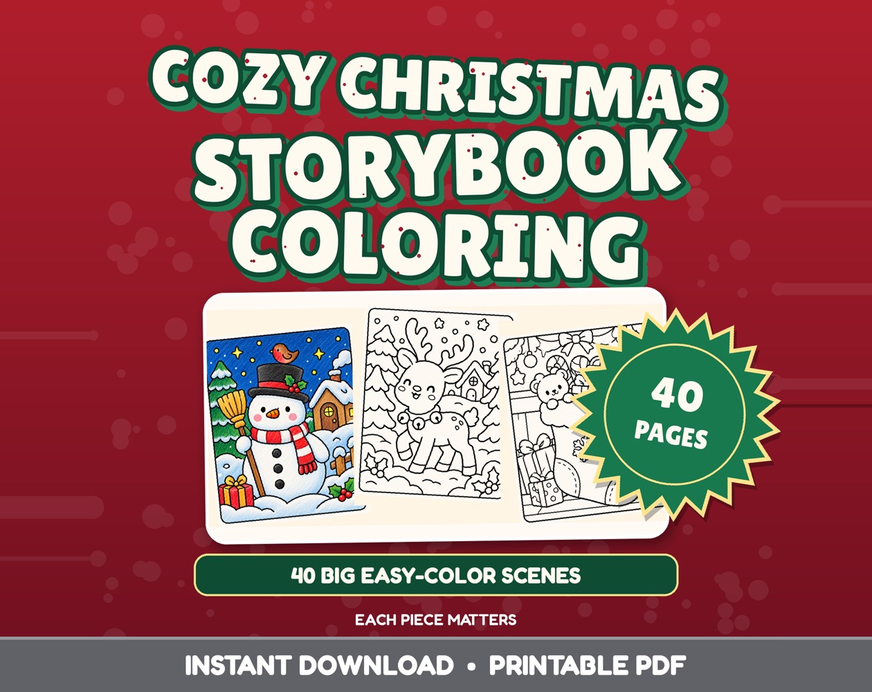 Cover image for Christmas Coloring Pages, 40 Cozy Storybook Winter Scenes, Printable PDF for Kids