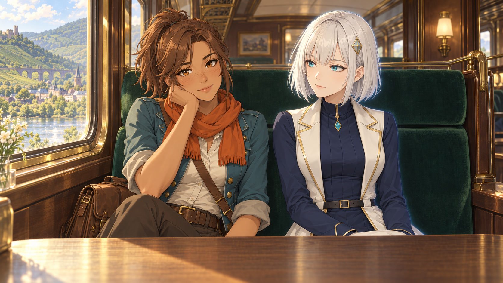 Mira and Lyra sharing a train carriage as the countryside passes outside.