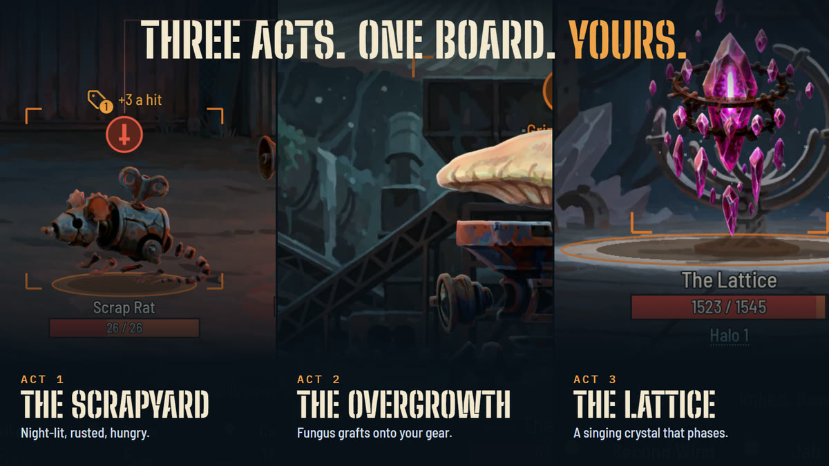 Three acts, one enemy from each: the Scrapyard, the Overgrowth and the Lattice