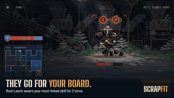 A Root Leech severs the most-linked block on the player's board; a line runs from the enemy to the block