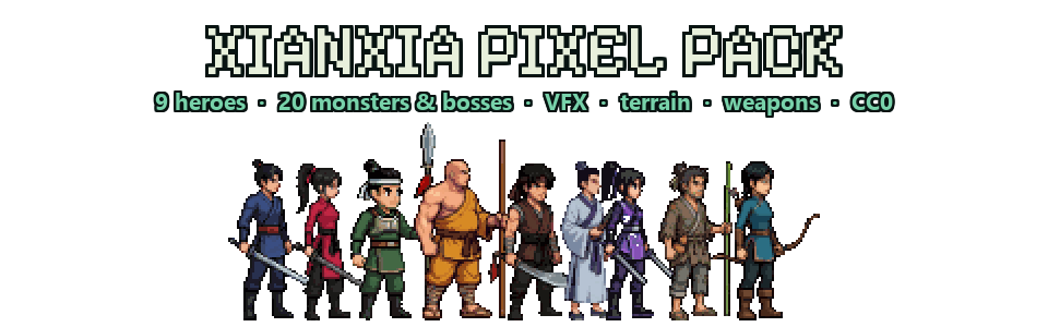 Xianxia Pixel Pack — 9 Heroes, 20 Monsters & Bosses, VFX, Terrain & Weapons
