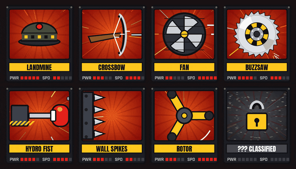 Trap arsenal: landmine, crossbow, fan, buzzsaw, hydro fist, wall spikes, rotor