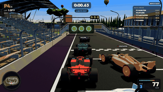 Lights out: the five-car grid launches and the red car fights its way into the lead