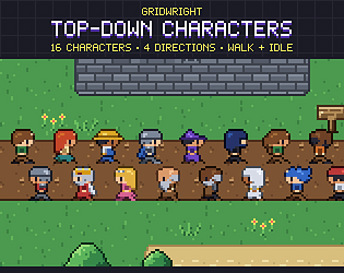 Gridwright Top-Down Characters: 16x16 Pixel Art RPG Sprites (16 characters, 4 directions)