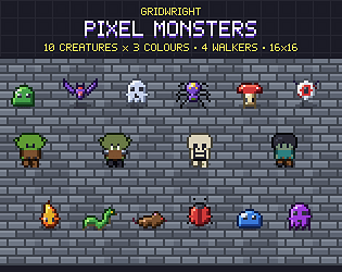 Gridwright Pixel Monsters: 16x16 Animated Enemies (386 sprites, 14 monsters)