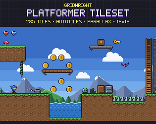 Gridwright Platformer Tileset: 16x16 Pixel Art Autotiles + Parallax (285 pieces)