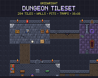 Gridwright Dungeon Tileset: 16x16 Pixel Art Walls, Traps & Props (284 tiles)