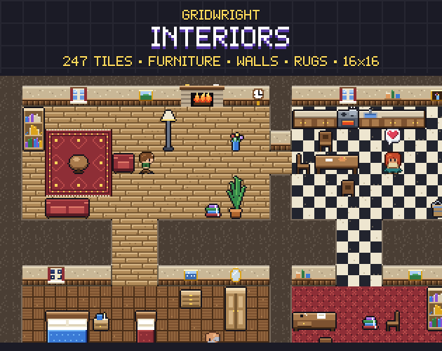 Gridwright Interiors: 16x16 Pixel Art House Tileset & Furniture (247 tiles) — image 1