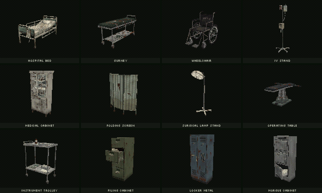 Hospital props rotating: bed, gurney, wheelchair, IV stand, cabinets