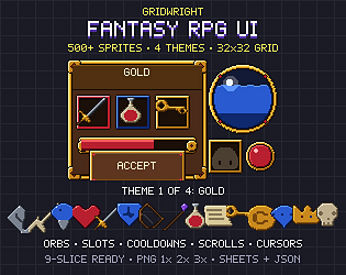 Gridwright Fantasy RPG UI: 32x32 Pixel Art GUI, Ornate (500+ sprites, 4 themes)